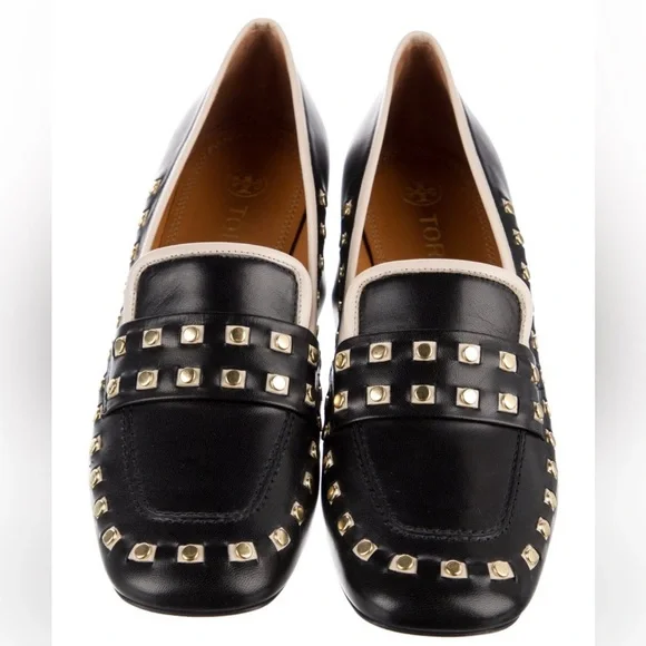 Tory Burch Perfect Black/Dulce De Leche Leather Studded Loafer Heel Size 5 $350 - Picture 4 of 14